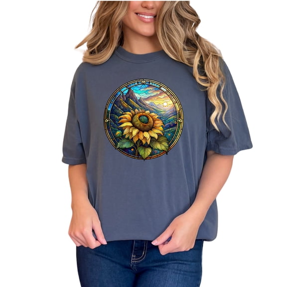 Sunflower Landscape Art T Shirt, Stained Glass Style Mountain Design, Colorful Nature Inspired Tee, Unique Artistic Clothing, Gift Idea, Denim Comfort Colors T-Shirt, XL