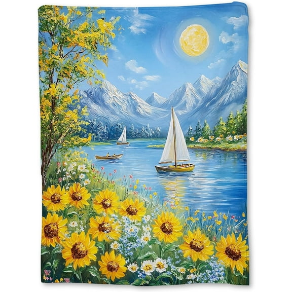 Sunflower Landscape Blanket, Soft Lightweight Fuzzy Flannel Throw Blanket for Adults Women Men Kids, Cozy Warm Blankets for Couch, Travel, Home Decor & Bed 60×50 in