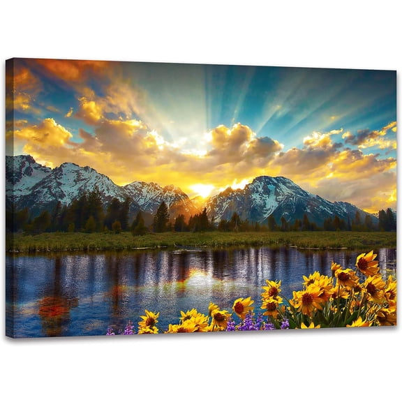 Sunflower Landscape Canvas Artwork Sunset Grand Teton National Park Wall Art for Living Room Framed Ready to Hang (12x16 inch)