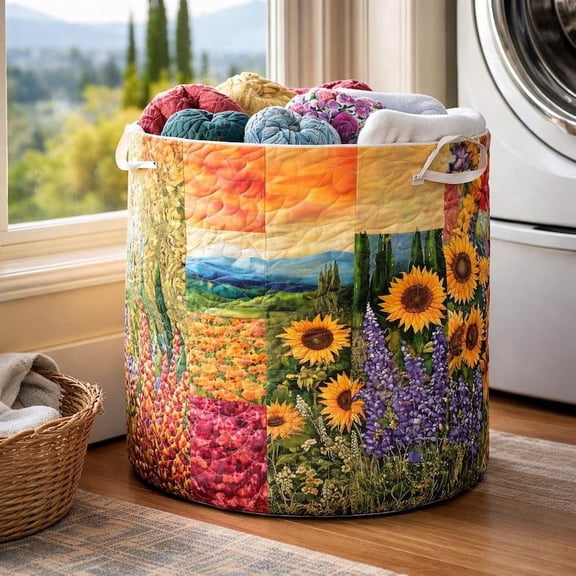 Sunflower Landscape Laundry Basket, Scenic Patchwork Farmhouse Hamper, Rustic Floral Organizer