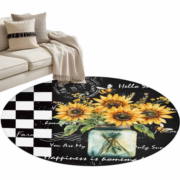 Sunflower Large Area Rugs for Bedroom Living Room, Soft Non Slip Carpet Bedside Rug, Black White Check Farmhouse Bee Vase Floral Round Floor Cover Kitchen Accent Rug 4' for Dining Room/Office