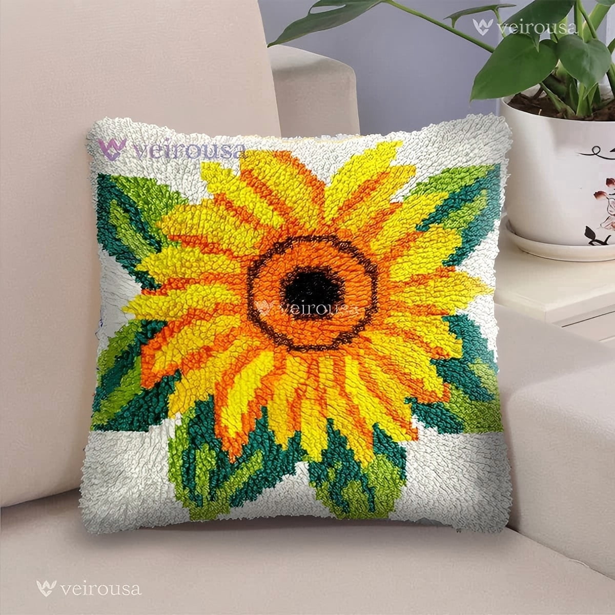 Latch Hook Kit for Adults, DIY Sunflower Pillow & Rug Craft Kit for Beginners, Floral Handmade Yarn Art, Relaxing Home Sofa Decor Gift