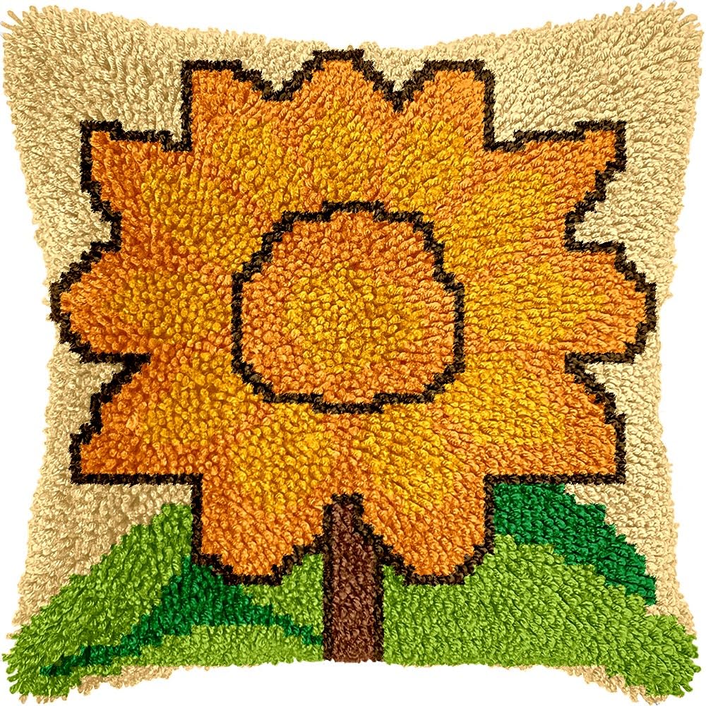 Sunflower Latch Hook Pillow Kits for DIY Throw Pillow Cushion Embroidery Latch Hooking Pillowcase Kits with Preprinted Canvas Crochet Yarn Kits for Home Decor 17''X 17''(d38)
