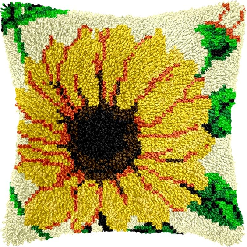 Sunflower Latch Hook Pillow Kits Pillow Cover with Pattern Printed Canvas Crochet Cross Hooking Pillowcase Cushion Crafts Embroidery Latch Hooking Crochet Kits 17x17 inch(110)