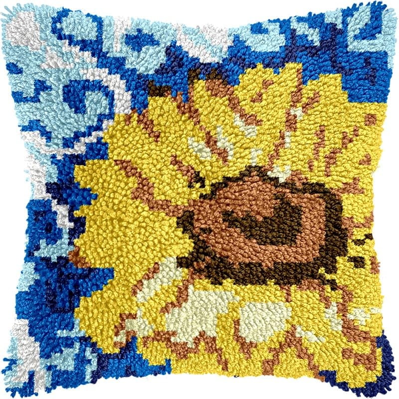 Sunflower Latch Hook Pillows Kits Cushion Pillow Cover with Pattern Printed Canvas Sofa Hooking Pillowcase Crafts Embroidery Latch Hooking Crochet Kits Set 17x17 inch(1)