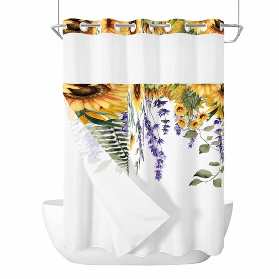 Sunflower Lavender No Hook Shower Curtain with Snap in Liner Retro Green Eucalyptus Leaf Yellow Sunflower Purple Lavender Waterproof Bathroom Shower Curtain with See Through Top Window 72" x 84"
