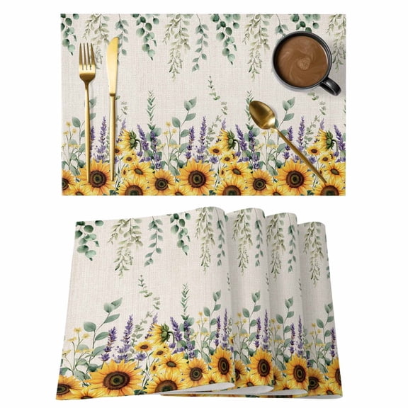 Sunflower Lavender Placemats Set of 4 Eucalyptus Leaf Countryside Retro Linen Heat Insulation Washable Place Mats, Rustic Non-Slip Table Mats for Dining Table Party Kitchen Decor,13x19 Inch