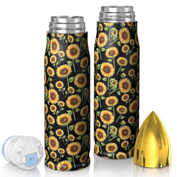 Sunflower and Leaf Black Pattern Bullet Tumbler, Vacuum Insulated Novelty Travel Tumbler 304 Stainless Steel Inner Liner Gifts Ideas for Home Office Outdoor Sports Car