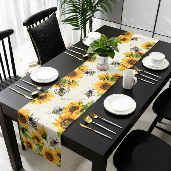 Sunflower Leaves Cotton Linen Table Runner 13 x 90 inch Bee Spring Retro Farmhouse Non-slip Rectangular Dining Table Decor for Wedding Party Holiday Dinner