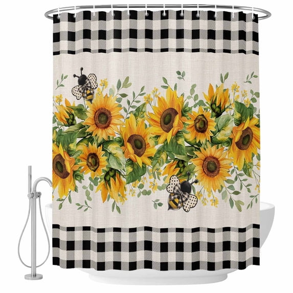 Sunflower Leaves Fabric Shower Curtain Watercolor Floral Buffalo Plaid Washable Shower Curtains for Bathroom, Waterproof Bath Curtain with Hooks Home Decor 72x84in