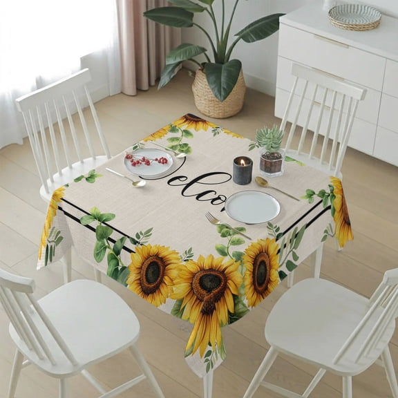 Sunflower Leaves on Vintage Linen Table Cloth 54x54in, Waterproof Square Tablecloth Wipeable Tablecloths Summer Flower Table Covers for Dining Tables Party Indoor Outdoor