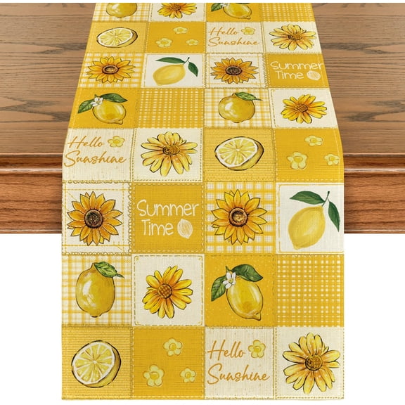 Sunflower Lemon 210 GSM Hello Sunshine Summer Table Runner, Seasonal Kitchen Dining Table Decoration for Home Party Decor 13x36 Inch