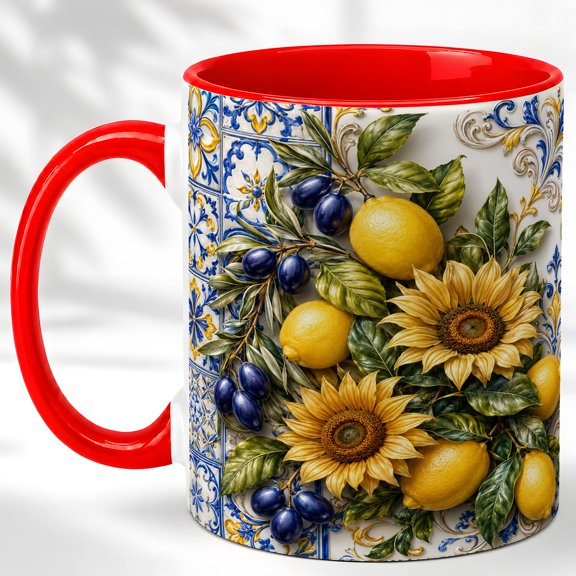 Sunflower Lemon Coffee Mug, Mediterranean Floral Mug, Ceramic Cup