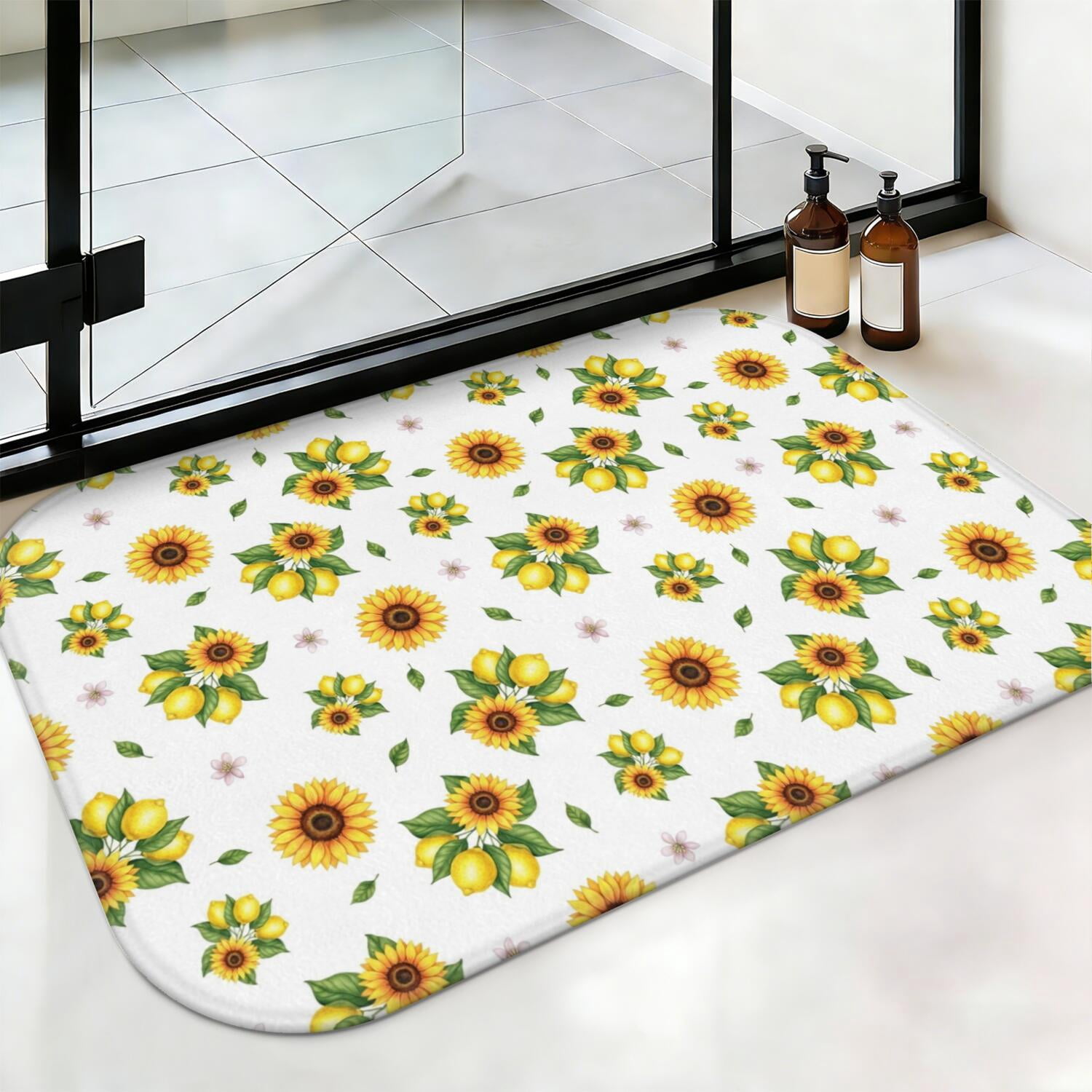 Sunflower and Lemon White Pattern Non-Slip Bath Mat, Shower Room Rug ...