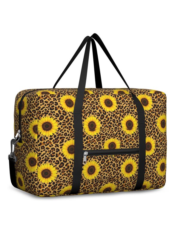 Sunflower and Leopard Brown Pattern Foldable Travel Duffel Bag, Foldable Gym Bag with Front Pocket & Trolley Strap, Foldable Design Gifts for Women Men
