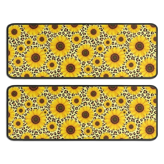 Sunflower and Leopard Yellow Pattern Anti Fatigue Kitchen Rugs Set Of 2, Non Slip Washable Decorative Floor Mats for Sink Laundry and Home Use, 17"x47"