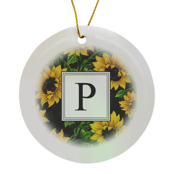 3drose, Sunflower Letter P Monogram Black and Yellow Flowers Classic Floral, Circle Porcelain Ornament
