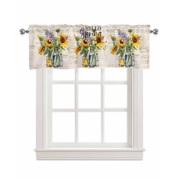 Sunflower Linen Curtain Valance for Bedroom/Bathroom/Kitchen/Office/Living/Dining Room Window,Retro Spring Blossom Floral Summer Off-White Rod Pocket Topper Decorative Cafe Drapes Panel 60"x18"