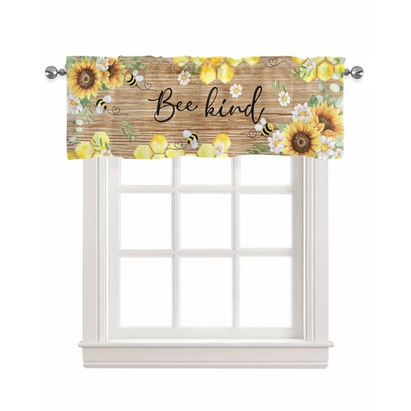 Sunflower Linen Curtain Valance for Bedroom/Bathroom/Kitchen/Office/Living/Dining Room Window,Summer Bee Eucalyptus Leaves Retro Wood Grain Pocket Topper Drapes Decorative Cafe Drapery Panel 42"x12"
