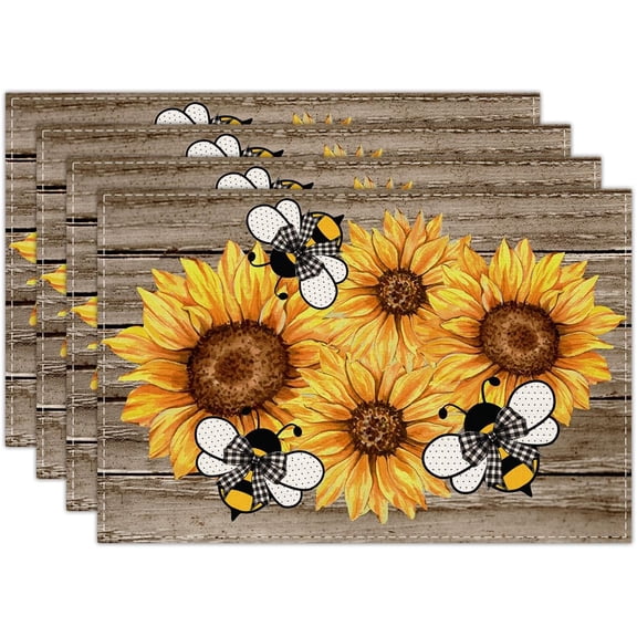 Sunflower Linen Placemats Set of 4, Bee Waterproof Washable Heat Resistant Place Mats 12x18 Inch, Table Mat for Restaurant Outdoor Indoor Home Kitchen Party Dining Decoration