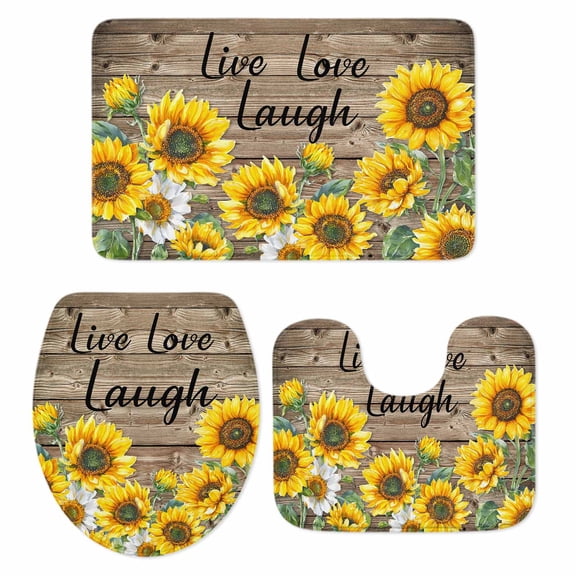 Sunflower Live Love Laugh Bathroom Rugs Set Farm Vintage Wood Striped Texture Non Slip Absorbent Soft Bath Mats 3 Piece Set with Bathroom Rug, U-Shaped Floor Mat, Toilet Seat Cover Small Size