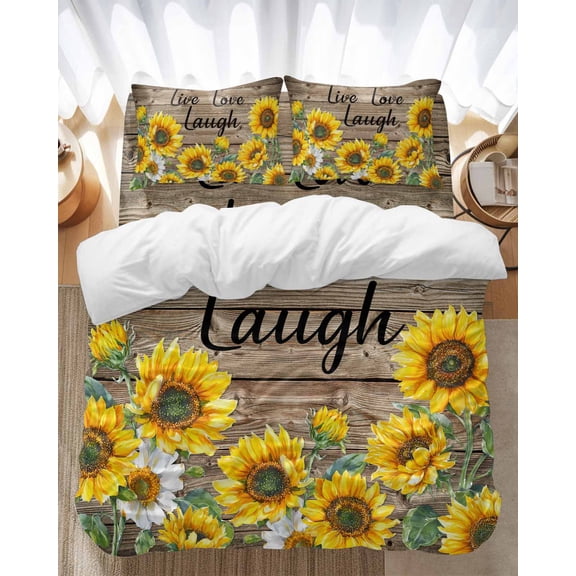 Sunflower Live Love Laugh Bedding Duvet Cover Set Queen Size 4 Pieces Farm Vintage Wood Striped Texture Bedding Set with Zipper Closure, 1 Comforter Cover 90x92 Inches 1 Flat Sheet & 2 Pillow Cases