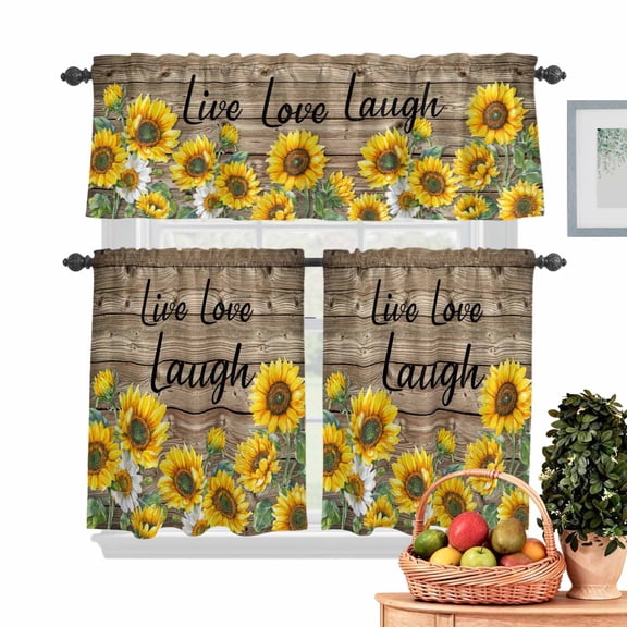 Sunflower Live Love Laugh Kitchen Curtains Valances 3 Piece Set, Farm Vintage Wood Striped Texture Rod Pocket Tier Curtain and Valance Drapes for Small Window 24 Inch Length for Bedroom Cafe
