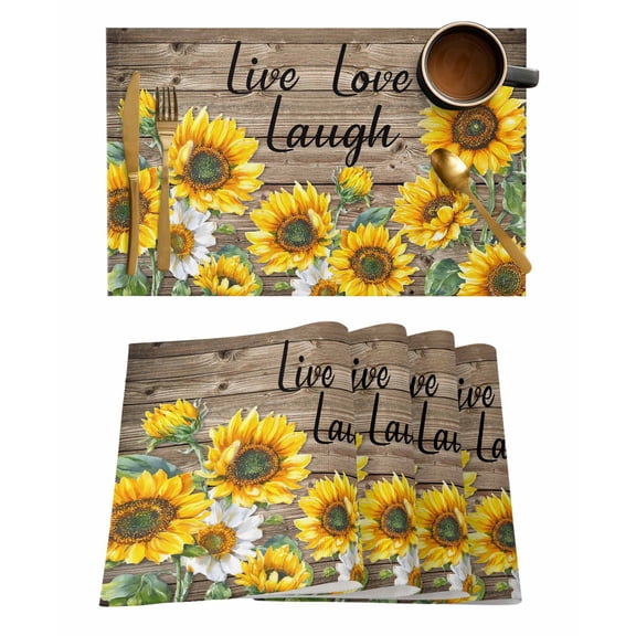 Sunflower Live Love Laugh Placemats Set of 1 Farm Vintage Wood Striped Texture Heat Insulation Washable Place Mats, Rustic Non-Slip Table Mats for Dining Table Party Kitchen Decor,13x19 Inch