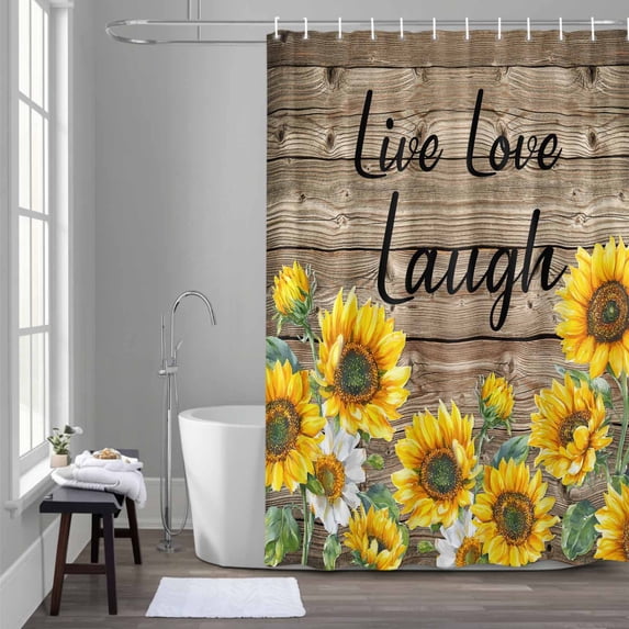 Sunflower Live Love Laugh Shower Curtain for Bathroom Decor, Farm Vintage Wood Striped Texture Waterproof Fabric Shower Curtain, 72"x84" Set with 12 Hooks