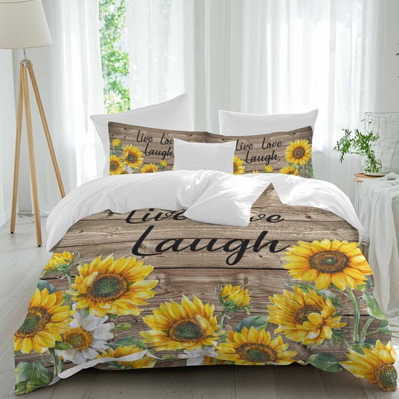Sunflower Live Love Laugh Twin Size Comforter Set, Farm Vintage Wood Striped Texture Bedding for All Seasons, 4 Pcs Bed Set, 1 Quiltcover (68"x86") ,1Sheet(67"x116"), 2Pillowcases (30"x20")
