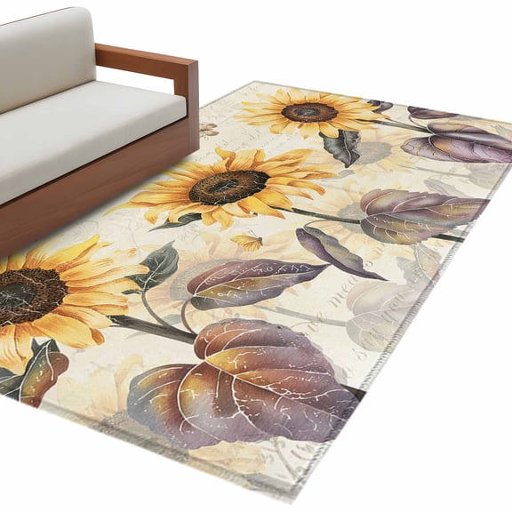 Sunflower Living Room Rug 4x6 Washable Area Rug for Bedroom, Non-Slip Dining Room Rugs Yellow Summer Botanical Floral Farmhouse Indoor Carpet for Kitchen Entryway Office Nursery Laundry