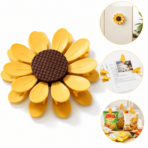 Sunflower Magnetic Chip Clips, 10 Yellow Plastic Bag Sealing Clips for Snacks, Notes and Photos