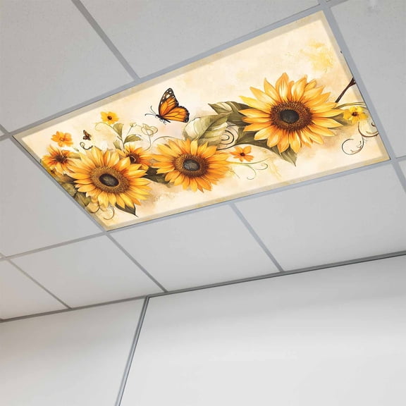 Sunflower Magnetic Fluorescent Light Covers for Ceiling Lights 2 x 4 Feet, Butterfly Spring Floral Retro Office Classroom Kitchen Drop Ceiling Light Covers Lighting Filters Shade Panel 1 Pack