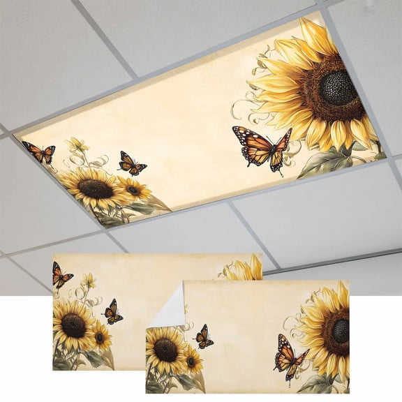 Sunflower Magnetic Fluorescent Light Covers for Ceiling Lights 2x4Ft, Retro Butterfly Spring Floral Botanical Office Classroom Kitchen Drop Ceiling Light Covers Lighting Filters Shade Panel 2 Packs