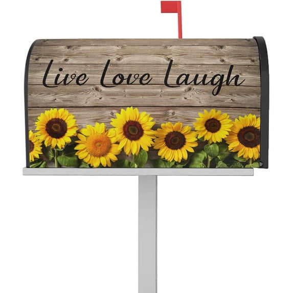Sunflower Magnetic Mailbox Covers 21"x25.5", Live Love Laugh Sunflower Farm Mailbox Wraps Standard Size Vintage Wood Grain Post Letter Box Cover for Garden Yard Home Patio Decor