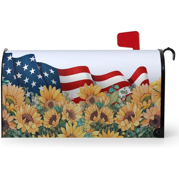 Sunflower Mailbox Cover Magnetic Summer Patriotic Mailbox Wrap Fall America Flag Flower Letterbox Cover USA Autumn Floral Mailbox Covers Outdoor Decor Standard Size 21x18 Inch