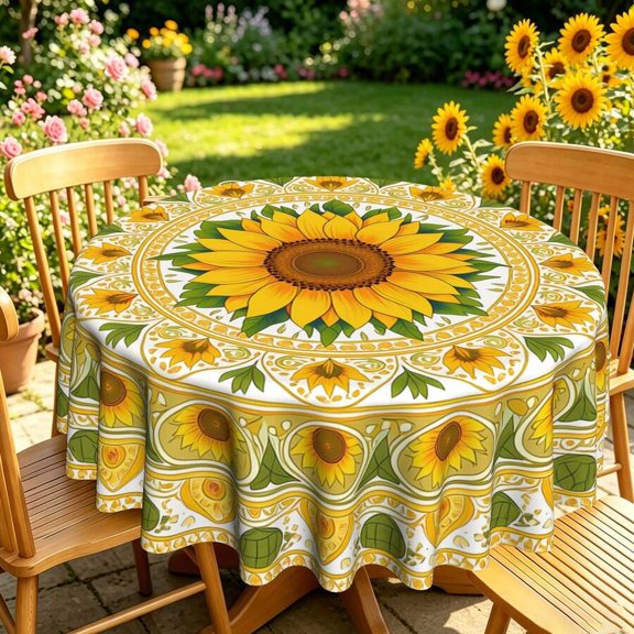 Sunflower Mandala Round Tablecloth YX - Wrinkle Resistant Polyester, 35/49/60/71 Inch