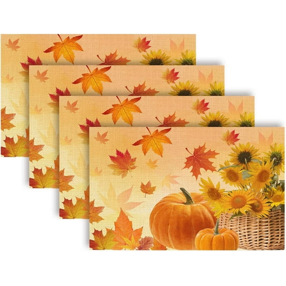 Sunflower Maple Leaves Pumpkin Fall Placemats Set of 4 Table Mat, Autumn Leaf Table Mats Linen Placemat for Party Kitchen Dining Decorations Fall Thanksgiving 12 X 18 Inch