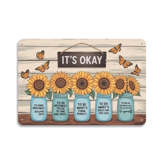 Sunflower Mason Jars It's Okay Vintage Inspirational Quotes Metal Sign Print Aesthetic Room Decoration for Home Bedroom Kitchen Bar Garage Cafe Dorm Bathroom Wall Decor 8 X 12, Easy to Hang