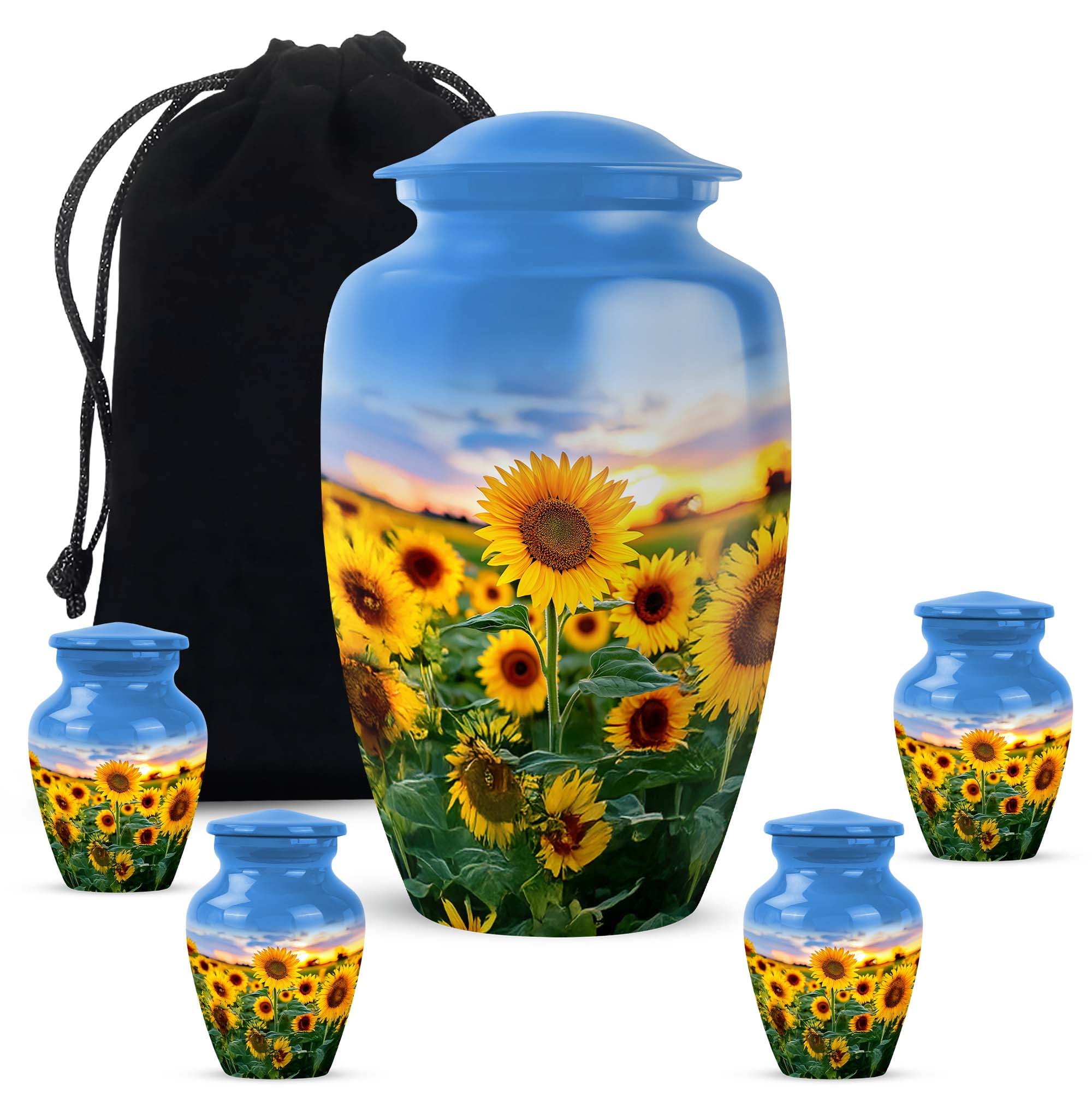 Sunflower Memorial Urn For Adult Women - Keepsake Urns For Human Ashes Adult Man - 10 Inch Funeral Cremation Urns For Mom, Blue Urn For Human Ashes For Female Set Of 4, 3 Inch Small
