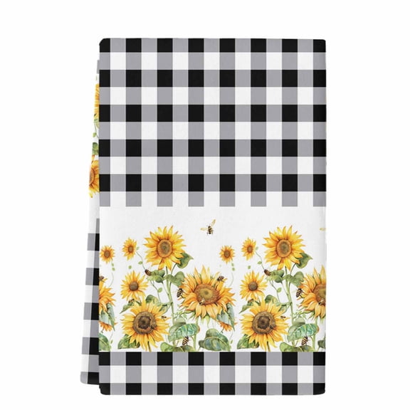 Sunflower Microfiber Kitchen Towel, Black White Buffalo Plaid Check Country Bee Soft Absorbent Dish Towels, Quick Drying Washable Dishcloths for Kitchen Cleaning, Drying Dishes, 18x28 Inches
