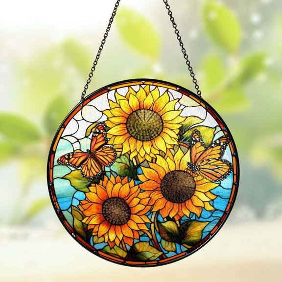 Sunflower Monarch Butterfly Stained Glass Suncatcher: Window Decor