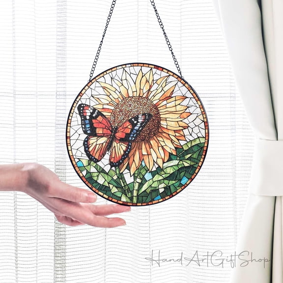 Sunflower Monarch Butterfly Suncatcher, Butterfly Stained Glass Window Decoration Gift, Butterfly Lovers Light Catcher, Garden Lovers Gift