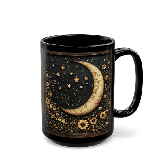 Sunflower Moon Coffee Mug: Rustic Celestial Floral Ceramic Cup