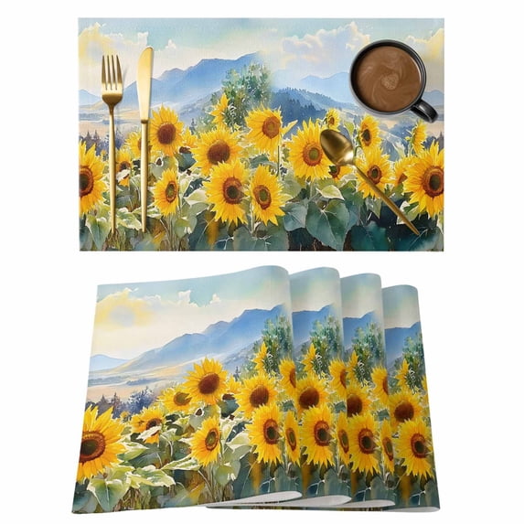 Sunflower Mountain Placemats Set of 4 Summer Watercolor Botanical Place Mats Indoor Wipeable Table Mats Washable Cloth Dining Table Placemats for Kitchen Holiday Party Home Decor 13x19 Inch