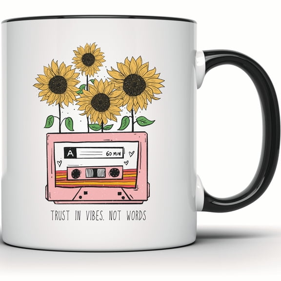 Sunflower Mug, Cassette Tape Art, Retro Music Lover Gift, Trust Vibes Not Words Mug, Aesthetic Mug, Cottagecore Decor, Floral Coffee Mug - 11 Ounce Black Rim Handle Novelty Coffee Cup - WMUG1607-BLK