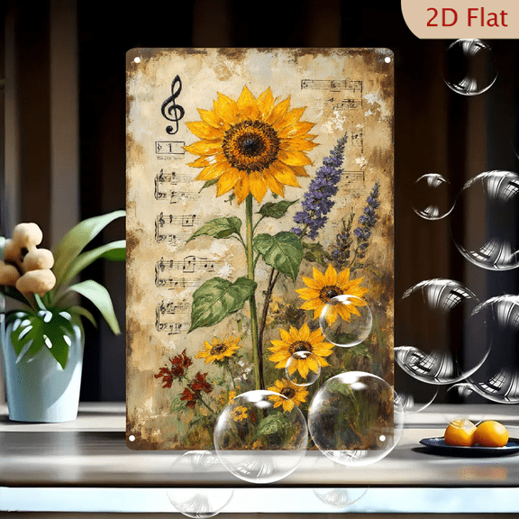 Sunflower Music Art 8x12 Inch Metal Wall Decor, Vintage Floral with Treble Clef and Musical Notes on Rustic Parchment Background, Vertical Painterly Design for Living Room or Kitchen