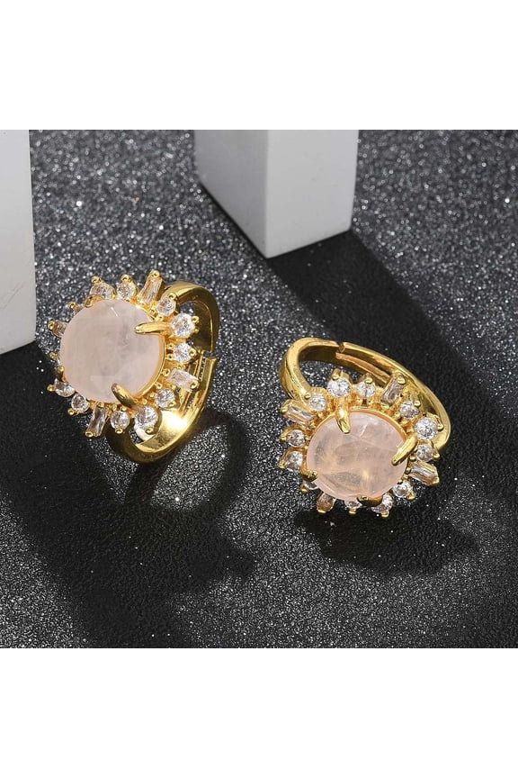 Sunflower Natural Rose Quartz Finger Rings Golden Tone Brass Rhinestone Cuff Rings Rack Plating Long-Lasting Plated Lead Free & Cadmium Free