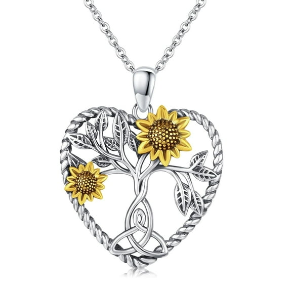 Midir&Etain Sunflower Necklace 925 Sterling Silver Tree of Life Necklace Heart Sunflower Sunshine Jewelry Gifts for Women