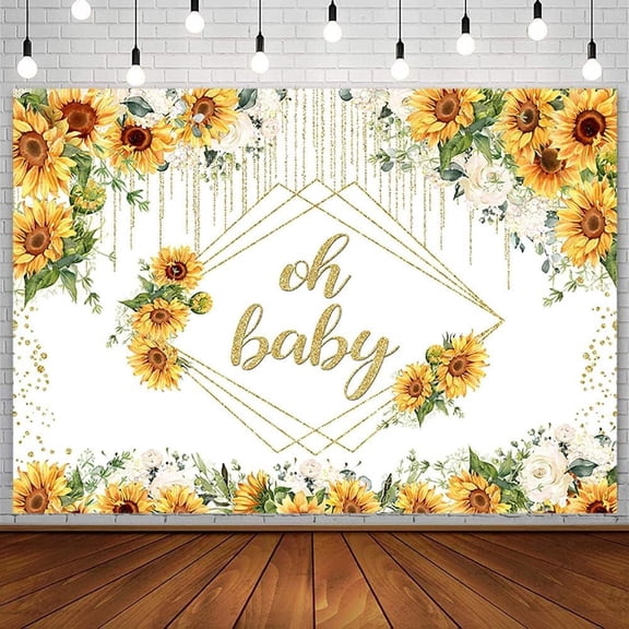 Sunflower Oh Baby Backdrop Fall Autumn Yellow White Floral Flowers Gold Baby Shower Photography Background Newborn Baby Shower Party Decorations Banner Photo Booth Studio Props